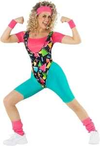 Women`s Aerobic Costume 80`s Retro Fitness Gym Workout Leotard + Sweatbands - Picture 1 of 7