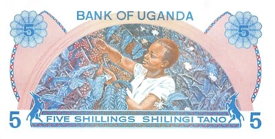 Uganda  5/-   ND. 1979  P 10  Series  A/89  Uncirculated Banknote  HJ 11 - Image 1 of 2
