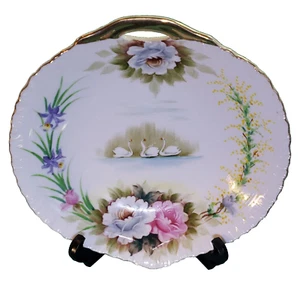 Ardalt Japan Porcelain #0109 Heavy Gold Handle Swan Lake & Roses Dish 8 3/8" - Picture 1 of 3