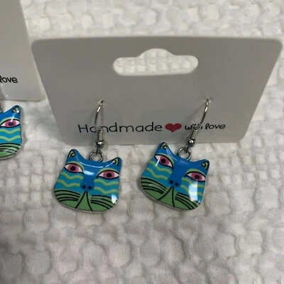 Brincos coloridos esmaltados feitos à mão para gatos gancho pendurado azul verde novo presente gatinho - Imagem 1 de 4