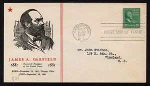 USA, SCOTT # 825, LINPRINT FDC COVER 1938 PRESIDENT JAMES GARFIELD, WITH ADDRESS - Picture 1 of 1