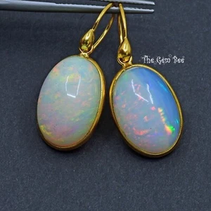 Large Natural Crystal Opal Oval Shape Bezel 18k Solid Yellow Gold Earrings - Picture 1 of 9