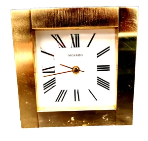 Vintage Movado Square Brass Desk Clock Roman Numerals German Movement 4 x 4 in - Picture 1 of 7