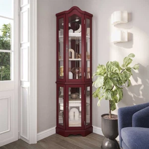 Cherry Front Lighted Glass Shelf Corner Display Curio Cabinet Furniture Home - Picture 1 of 3