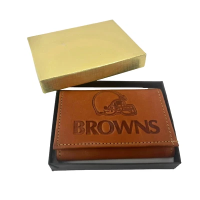 CLEVELAND BROWNS Trifold Wallet NFL Embossed Brown Leather Boxed NEW - Image 1 of 4