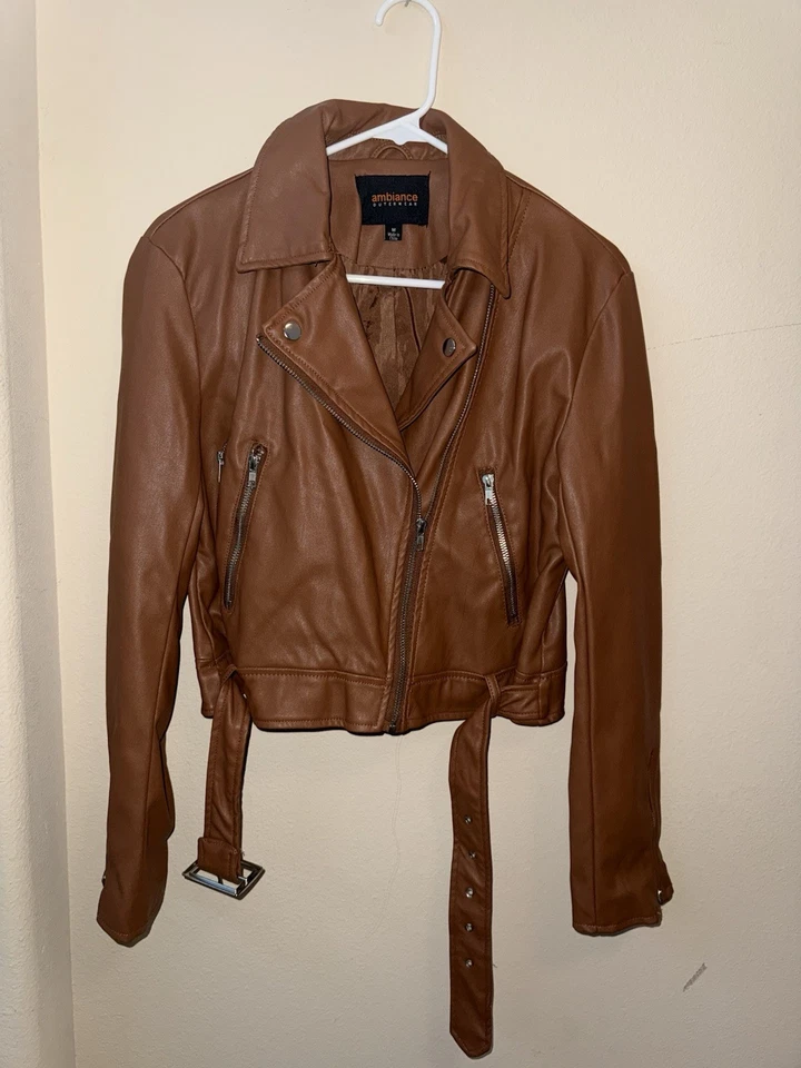 Stylish Faux Leather Brown Cropped  Jacket, Zipper And Belt Design, Size M - Image 1 of 4