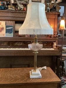 Vintage Hollywood Regency Rewired Antique Brass, Marble & Glass Lamp w/ Shade - Picture 1 of 18