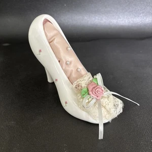 Vintage Ceramic Sewing Pincushion Heeled Pump Shoe Rose Pattern EUC - Picture 1 of 8