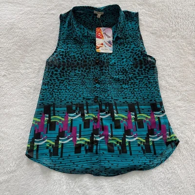 Sleeveless Shirt Lily White Teal Black Abstract Geometric Button Up  Top M NWT - Image 1 of 4