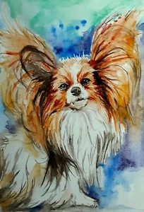 Papillon Dog pet art signed painting,interior design,pet lover best gift - Photo 1 sur 5