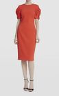$385 Badgley Mischka Women's Red Ruched Short-Sleeve Sheath Dress Size 12