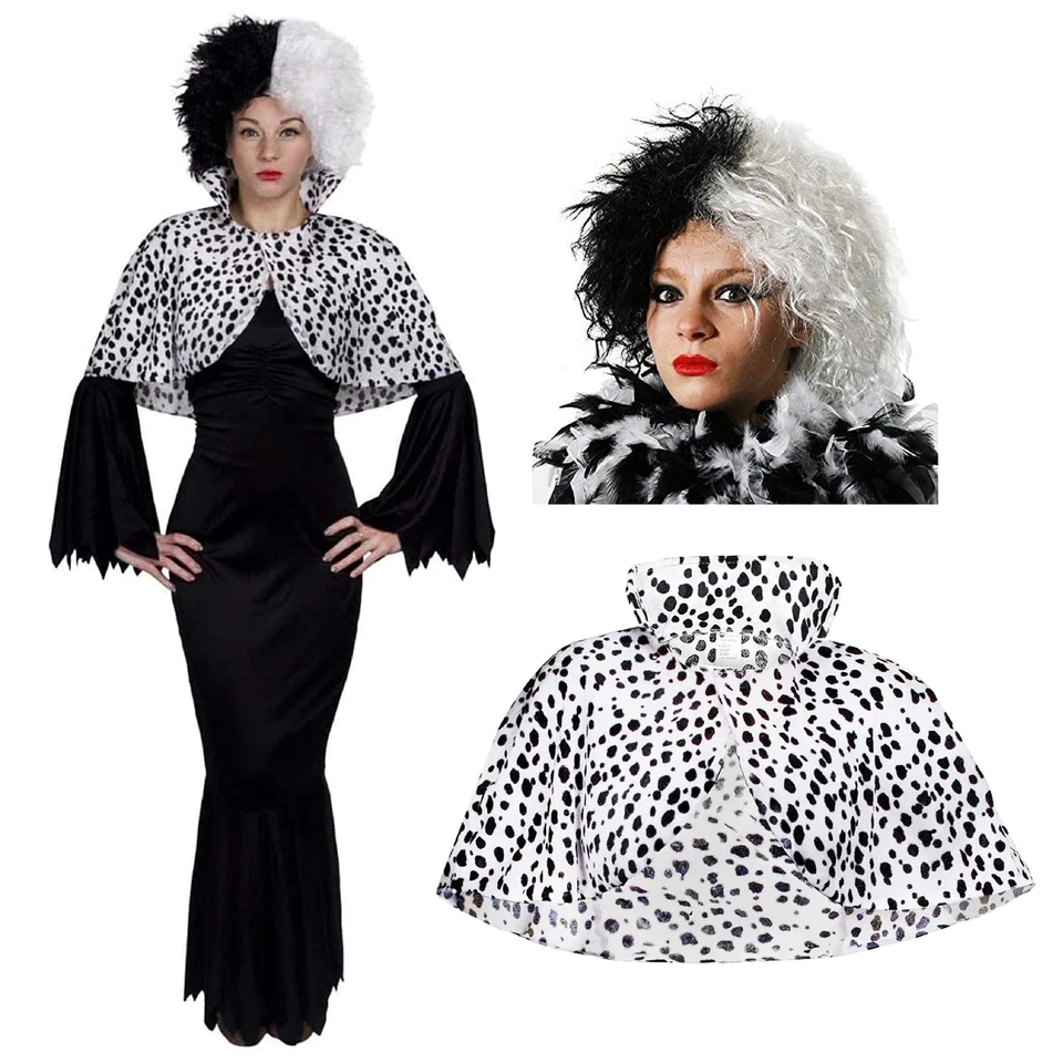 COSTUME DONNA CRUDELIA VESTITO PARRUCCA MANTELLO DALMATA HALLOWEEN VESTITO FANTASIA DEVILLE - Immagine 1 di 4