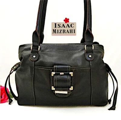 Isaac Mizrahi Black Leather Shoulder Bag Handbag Tote Satchel Magnet Drawstrings - Imagem 1 de 4