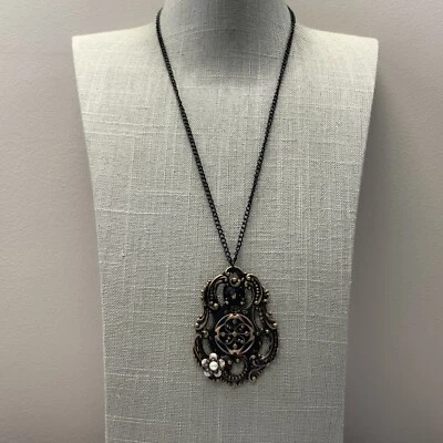 Colar antigo de cobre feito à mão com etiqueta de bagagem estilo vitoriano pérola falsa - Imagem 1 de 4