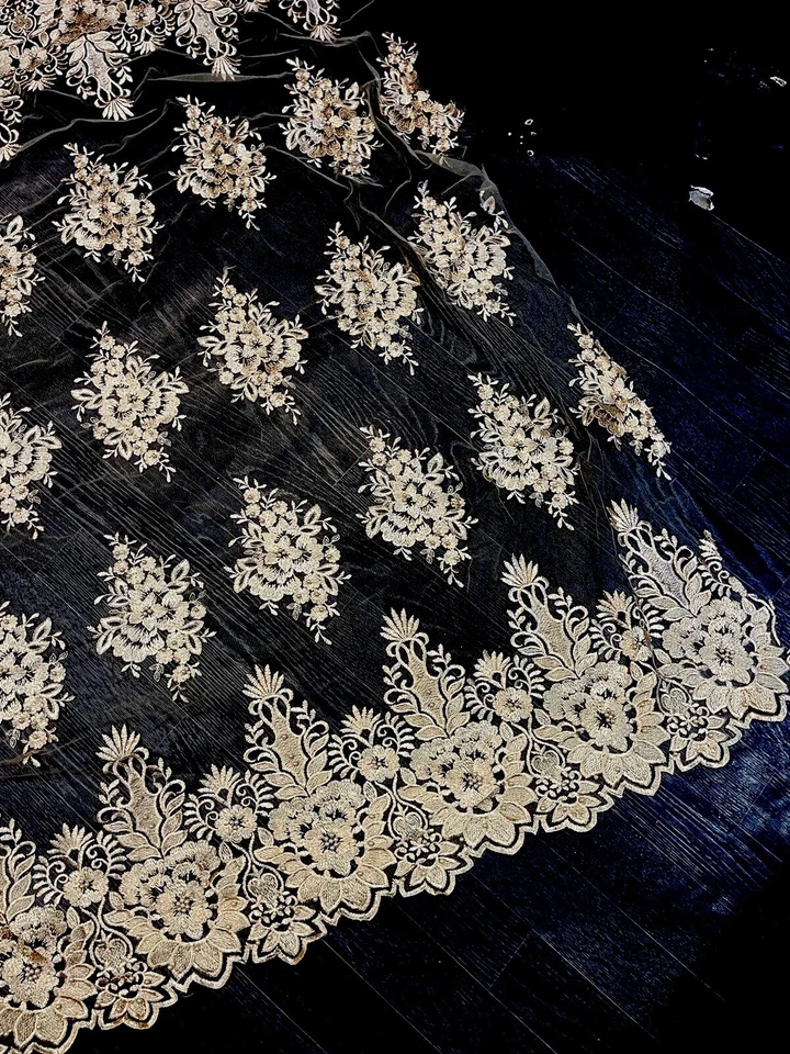 1.5 Meters Gold   Embroided  Double Boarded Scalloped Bridal lace Fabric 55” new - Image 1 of 4