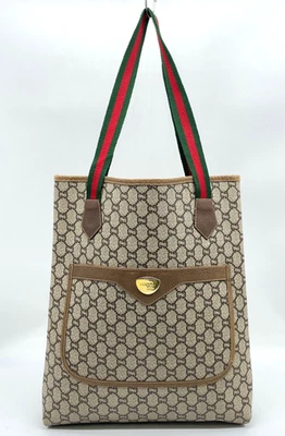 Autêntica Gucci GG Plus Sherry Line PVC x Bolsa Tote de Couro Marrom Bolsa de Ombro i111147 - Imagem 1 de 4