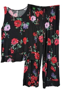 Soma Cool Nights Pajama Set Rhapsody Flora Black Ruffle Tank/Pants Women’s Sz-L - Picture 1 of 12