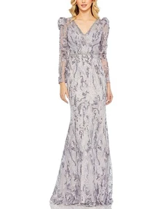 Mac Duggal V-Neck Embellished Puff Sleeve Gown Women's Purple 6 - Picture 1 of 3