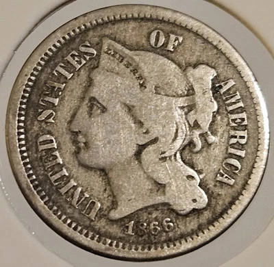 1866 Three Cent Piece Nickel 3c Antique United States of America III Coin 2 - Image 1 of 2