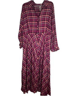 Soft Surroundings Maxi Dress Womens Sz 1X  Plaid Modest Shirt Dress Plum Pink - Image 1 of 4