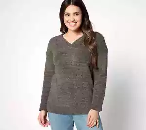 Pullover Barefoot Dreams CozyChic abierto cuello en V brezo carbono talla XL A619905 - Imagen 1 de 2