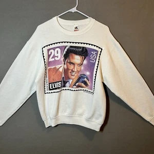 Vintage US-Postdienst 1992 große Elvis Presley Briefmarke L/S Crew Erwachsene L weiß - Bild 1 von 9