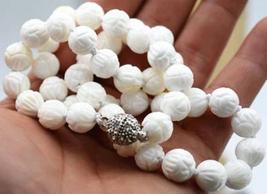 10mm White Carving Coral Loose Bead Gems knotted necklace 18" Magnetic clasp - Picture 1 of 5