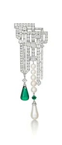 Syn Emerald & Freshwater Pearl Antique Brooch 925 Sterling Silver Women Jewelry - Picture 1 of 3