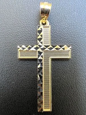 Real 14k Solid Yellow & White Diamond Cut Gold Cross Crucifix Pendant Necklace - Image 1 of 4
