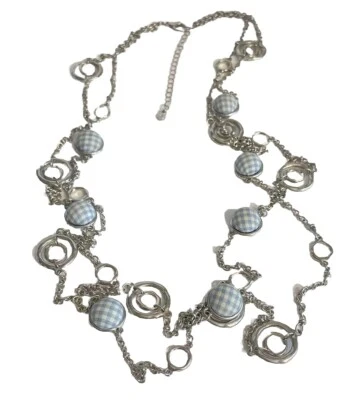 Collar a Cuadros de Guinga Azul Plateado Stella&Dot Eslabón de Cadena Cúpula Redonda Aro Estación Foto 1 de 4