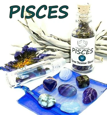 PISCES Zodiac Gift Set - Roller Bottle + Crystals + Incense Astrology Wicca