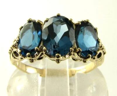 Anillo grande oro 9K 9CT topacio azul Londres tres piedras vintage Art Deco Ins talla O Foto 1 de 4