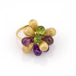 Amethyst & Peridot Briolette 18K Yellow Gold Italian Bead Ring - Picture 1 of 6