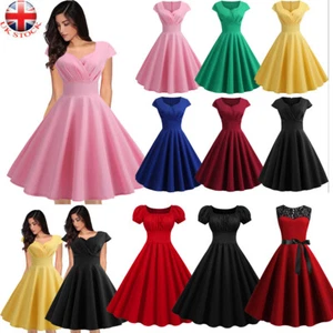 Women Vintage Retro 50s Rockabilly Dress Evening Party Pinup Skater MidiSundress - Picture 1 of 36