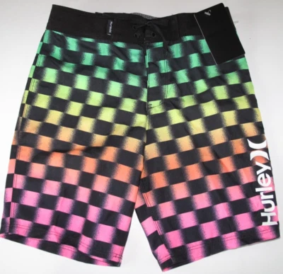 Hurley Little Boys 6 Black Green Multi Check Board Shorts Beach Summer Swim - Image 1 of 2