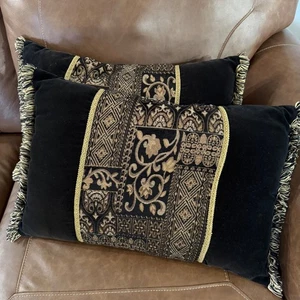 Decorative Black Velvet Lumbar Pillow Gold Tapestry Trim Fringe Accent Throw Art - Picture 1 of 6