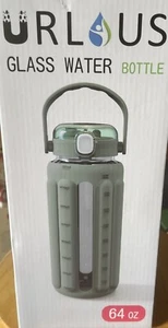 Water Bottle w/Straw 64 oz Large Glass Thick Silicone Sleeve Time Marker WHITE - Picture 1 of 3