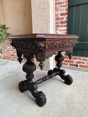 Antiguo Sofá Inglés Pequeño Mesa Biblioteca Escritorio Renacimiento Tallado Roble Gótico Foto 1 de 4