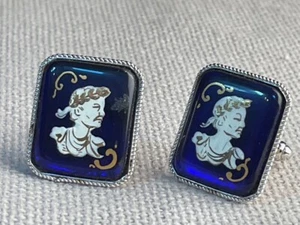 Vtg Italy souvenir silver cuff links handpainted enamel blue glass Julius Caesar - Picture 1 of 7