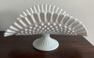 Fenton Banana Bowl Plate, Hobnail White Milk Glass Pedestal Ruffled Crimped Edge - Picture 1 of 9