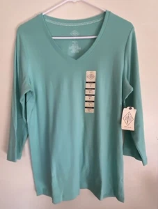 St. John’s Bay V Neck~3/4 Sleeve~Cotton Top~Cascade Green~Size Large~NWT - Picture 1 of 3