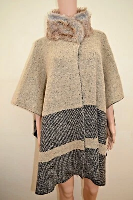 New M&S Collection Faux Fur Collar Natural Mix Poncho Wrap - One size - Image 1 of 4