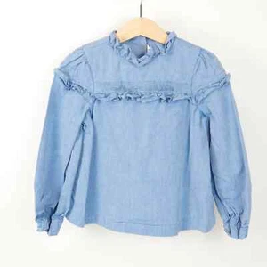Janie and Jack Long Sleeve Oxford Ruffle Blouse Blue Girls Size 5 - Picture 1 of 10