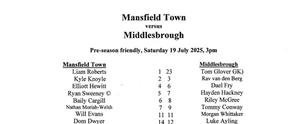 MANSFIELD TOWN MIDDLESBROUGH OFFICIAL 2025 RARE PRE SEASON FRIENDLY TEAMSHEET - Picture 1 of 1