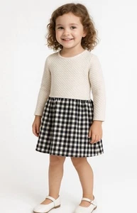 Gap Kid's Multimedia Long Sleeve Dress Cream, Black Textured Houndstooth S 6/7 - Picture 1 of 9