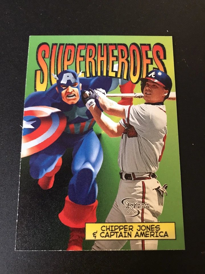 1998 Skybox Dugout Axcess Superheroes Chipper Jones & Captain America #4SH HOF - Image 1 of 2