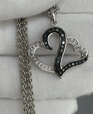 Collar colgante de plata de ley con corazón de diamantes azules y blancos 925 para dama 12,35 g Foto 1 de 4