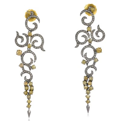 18K Gold Silver Chandelier Earrings Diamond Swirl Scroll Oxidized Statement - Image 1 of 4