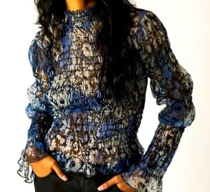 $88 Free People Women’s-Sheer Blouse Shirt-Blue Combo- Medium-New Tag - Picture 1 of 6