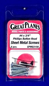 GREAT PLANES #4 X 3/4" BUTTON HEAD SHEET METAL SCREWS (8)( PART # GPMQ3156 ) - Picture 1 of 2